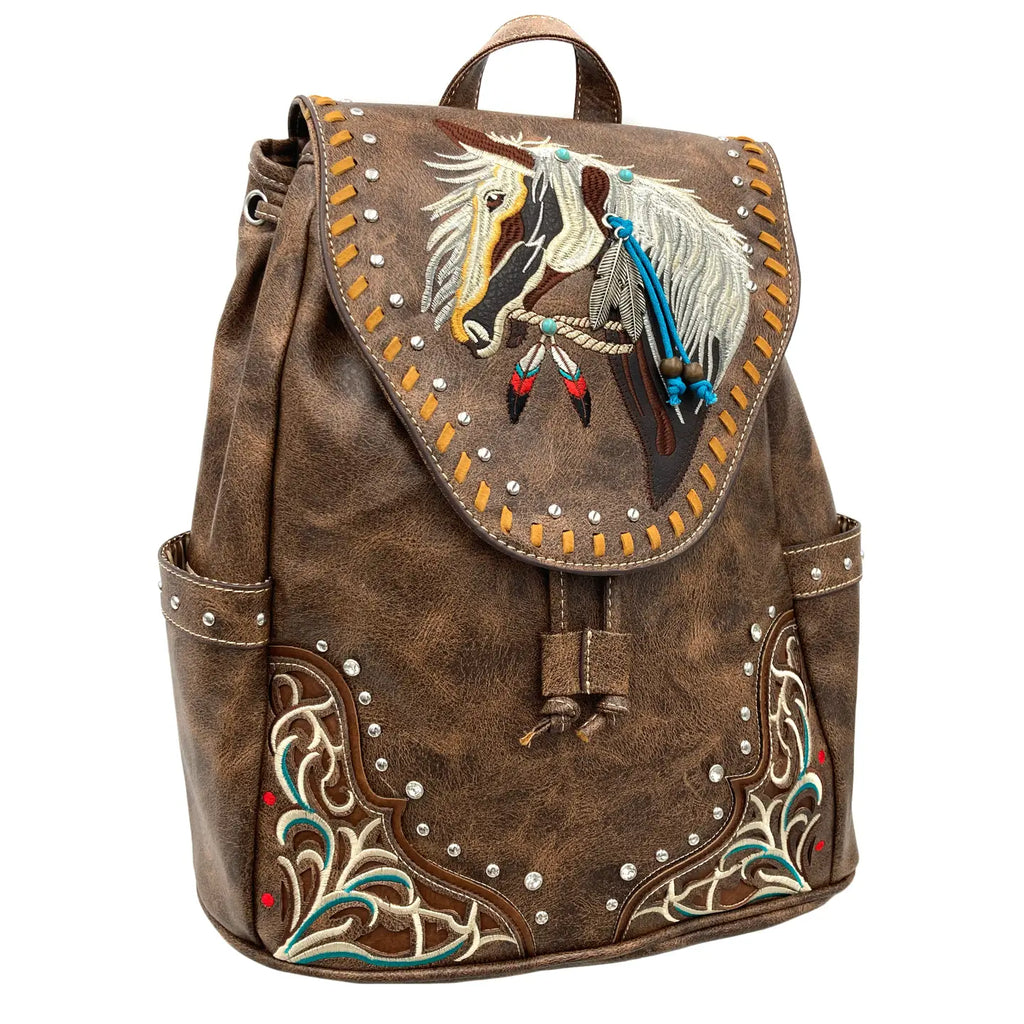 Women's Embroidered Horse Western Leather Backpack