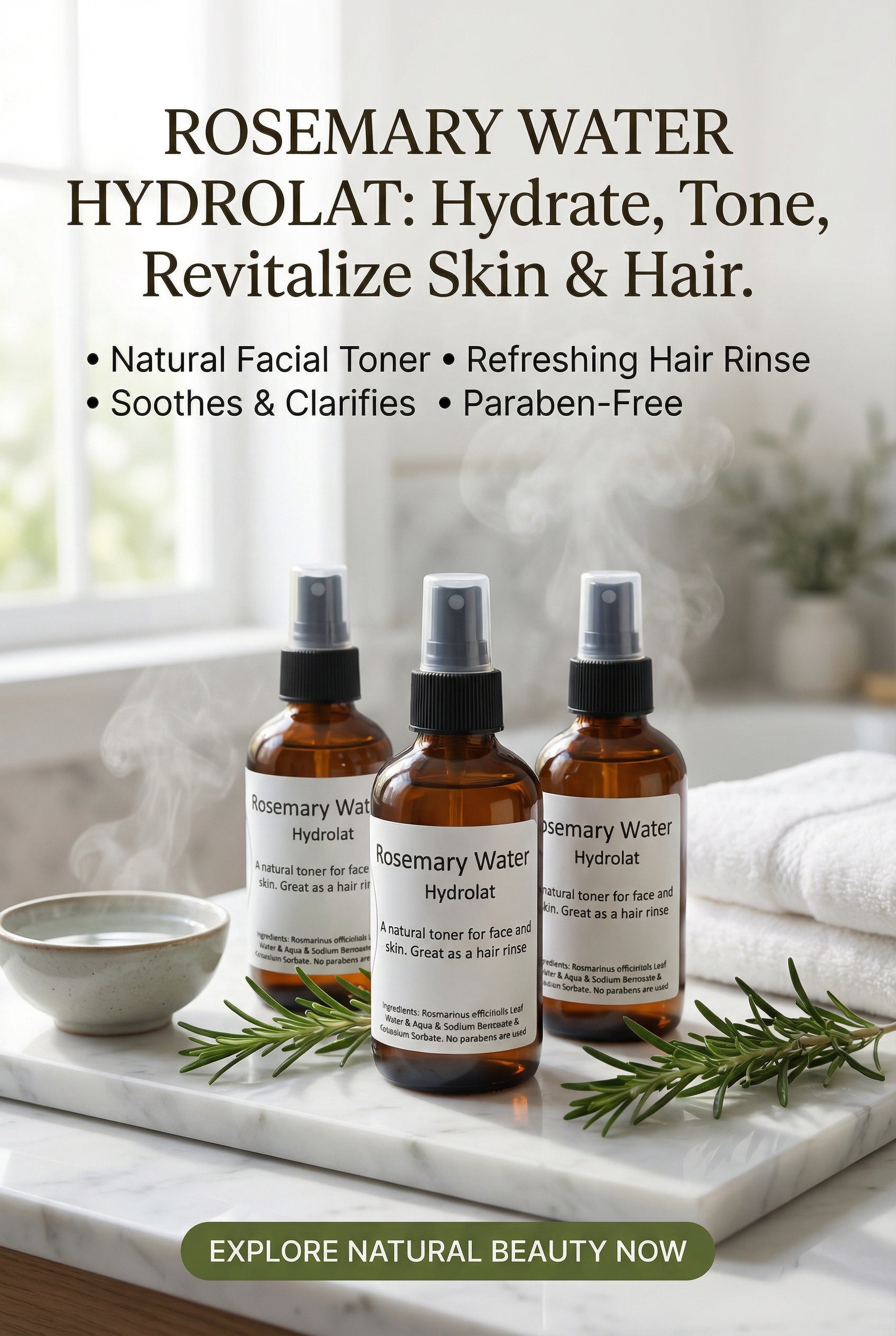 Rosemary Water (Hydrolat): Versatile Beauty Solution (8 oz spray bottle)